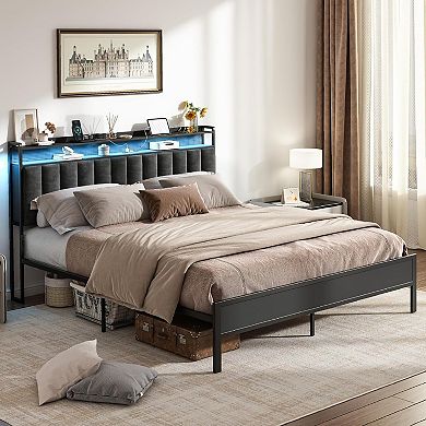 Upholstered Headboard for Bed with Hidden Storage and Charging Station, LED Lights, Adjustable