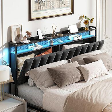 Upholstered Headboard for Bed with Hidden Storage and Charging Station, LED Lights, Adjustable