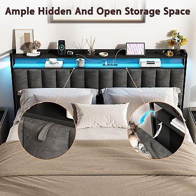 Upholstered Headboard for Bed with Hidden Storage and Charging Station, LED Lights, Adjustable