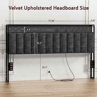 Upholstered Headboard for Bed with Hidden Storage and Charging Station, LED Lights, Adjustable