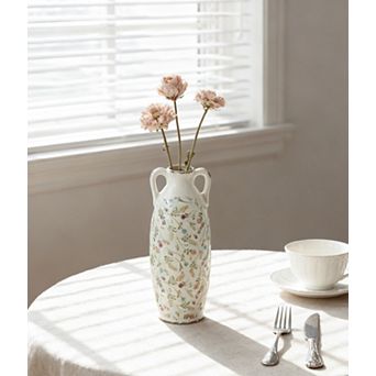 5.9x5.9x15.6" Decorative Ceramic Amphora Vase with Multi-Colored Floral Motifs