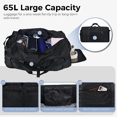 65L Foldable Water-Resistant Travel Duffel Bag with Shoe Compartment