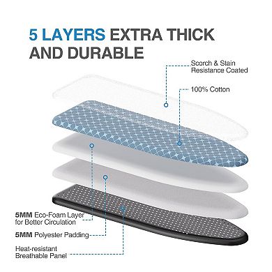 Adjustable 7-Level Ironing Board 43x13 Triple-Layer Cover Heat-Silicone Mat Wall Hook