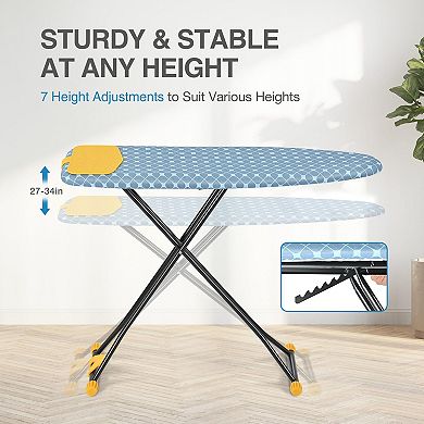 Adjustable 7-Level Ironing Board 43x13 Triple-Layer Cover Heat-Silicone Mat Wall Hook