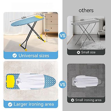 Adjustable 7-Level Ironing Board 43x13 Triple-Layer Cover Heat-Silicone Mat Wall Hook
