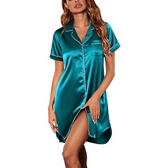 Ekouaer Silky Nightgown for Women Button Down Nightshirt Boyfriend Sleep Shirt Short Sleeve Pajamas