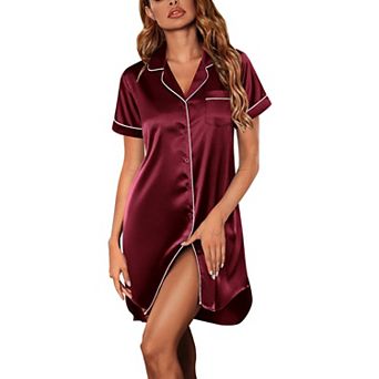 Ekouaer Silky Nightgown for Women Button Down Nightshirt Boyfriend Sleep Shirt Short Sleeve Pajamas