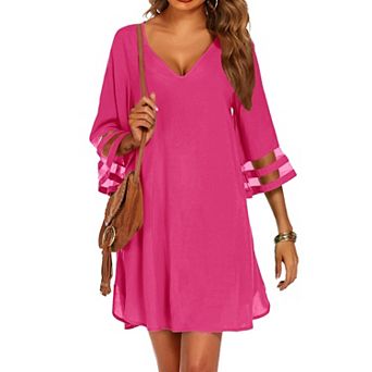 Ekouaer Women's Beach Coverups 3/4 Mesh Sleeve Bathing Suit Cover Ups Beachwear Loose Fit Swimwear