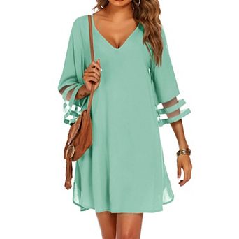 Ekouaer Women's Beach Coverups 3/4 Mesh Sleeve Bathing Suit Cover Ups Beachwear Loose Fit Swimwear