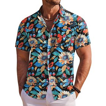 COOFANDY Men' Hawaiian Shirt Short Sleeve Floral Button Down Shirts Tropical Holiday Beach Shirts