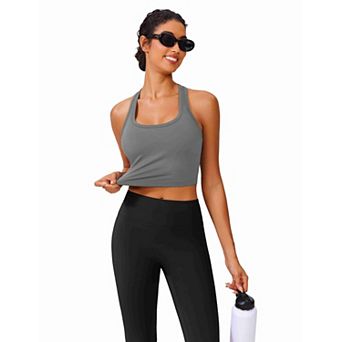 PINSPARK Women's Racerback Longline Padded Sports Bra Built-in Bra Workout Tank Top for Yoga