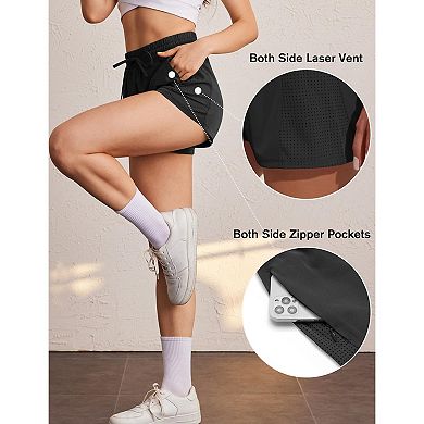 PINSPARK Women's 2-in-1 Running Shorts Soft Liner Quick Dry Active Shorts with Pockets