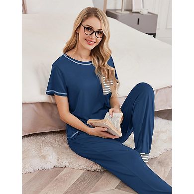 Ekouaer Womens Pajama Sets Short Sleeve Pjs Lounge Set 2 Piece Sleepwear With Long Pants