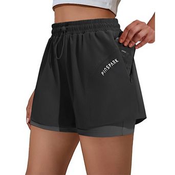 PINSPARK 2 in 1 Athletic Shorts for Women, High Waisted Running Shorts with Zipper Pockets