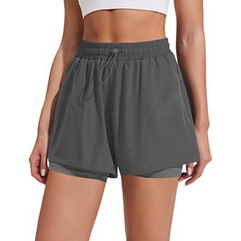PINSPARK 2 in 1 Athletic Shorts for Women, High Waisted Running Shorts with Zipper Pockets