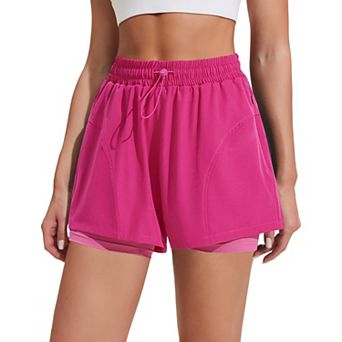 Pinspark 2 in 1 Athletic Shorts for Women, High Waisted Running Shorts with Zipper Pockets