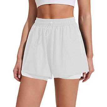 PINSPARK 2 in 1 Athletic Shorts for Women, High Waisted Running Shorts with Zipper Pockets