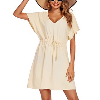 Ekouaer Womens Apparel Short Sleeve Beachwear Coverups, Loose V-Neck Bikini Beach Tunic Top