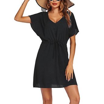 Ekouaer Womens Apparel Short Sleeve Beachwear Coverups, Loose V-Neck Bikini Beach Tunic Top
