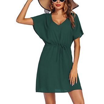 Ekouaer Womens Apparel Short Sleeve Beachwear Coverups, Loose V-Neck Bikini Beach Tunic Top