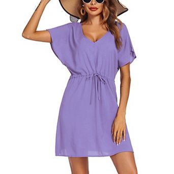 Ekouaer Womens Apparel Short Sleeve Beachwear Coverups, Loose V-Neck Bikini Beach Tunic Top