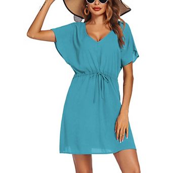 Ekouaer Womens Apparel Short Sleeve Beachwear Coverups, Loose V-Neck Bikini Beach Tunic Top