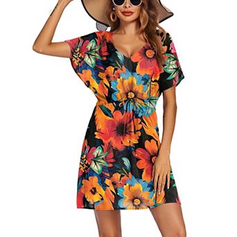 Ekouaer Womens Apparel Short Sleeve Beachwear Coverups, Loose V-Neck Bikini Beach Tunic Top
