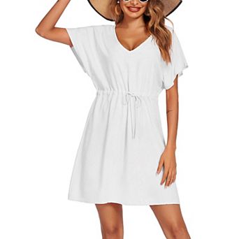 Ekouaer Womens Apparel Short Sleeve Beachwear Coverups, Loose V-Neck Bikini Beach Tunic Top