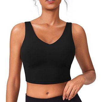 PINSPARK Women's V Neck Longline Padded Sports Bra Built-in Bra Athletic Yoga Workout Tank Top