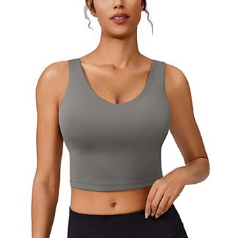 PINSPARK Women's V Neck Longline Padded Sports Bra Built-in Bra Athletic Yoga Workout Tank Top
