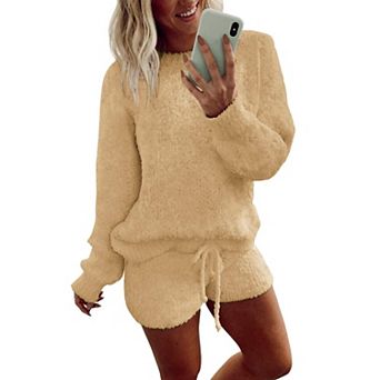 Ekouaer Fuzzy Fleece Pajamas 2 pc Warm Soft Lounge Set Long Sleeve Sweater Top and Shorts