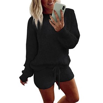 Ekouaer Fuzzy Fleece Pajamas 2 pc Warm Soft Lounge Set Long Sleeve Sweater Top and Shorts