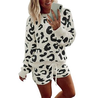 Ekouaer Fuzzy Fleece Pajamas 2 pc Warm Soft Lounge Set Long Sleeve Sweater Top and Shorts