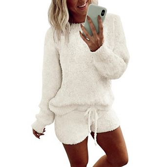 Ekouaer Fuzzy Fleece Pajamas 2 pc Warm Soft Lounge Set Long Sleeve Sweater Top and Shorts