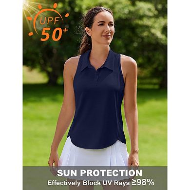 PINSPARK Women's 3-Button Sleeveless Polo Shirt Collared Golf Tennis Workout Top