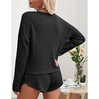 Women's Ekouaer Waffle Knit Long Sleeve Top & Shorts Pajama Set