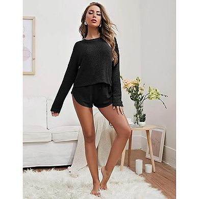 Women's Ekouaer Waffle Knit Long Sleeve Top & Shorts Pajama Set