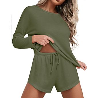 Ekouaer Womens Waffle Knit Pajama Sets Long Sleeve Top and Shorts Matching Lounge Set Sleepwear