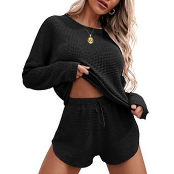 Ekouaer Womens Waffle Knit Pajama Sets Long Sleeve Top and Shorts Matching Lounge Set Sleepwear