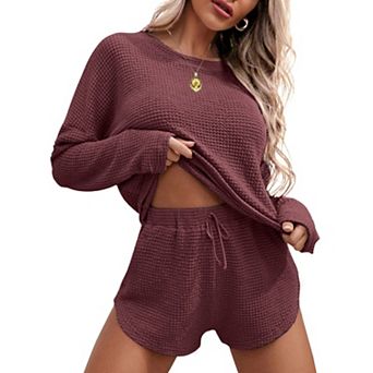 Women's Ekouaer Waffle Knit Long Sleeve Top & Shorts Pajama Set