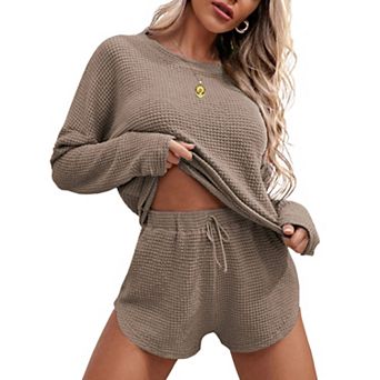 Ekouaer Womens Waffle Knit Pajama Sets Long Sleeve Top and Shorts Matching Lounge Set Sleepwear