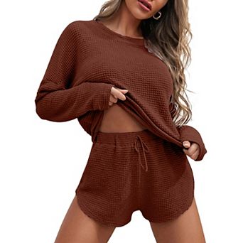Ekouaer Womens Waffle Knit Pajama Sets Long Sleeve Top and Shorts Matching Lounge Set Sleepwear