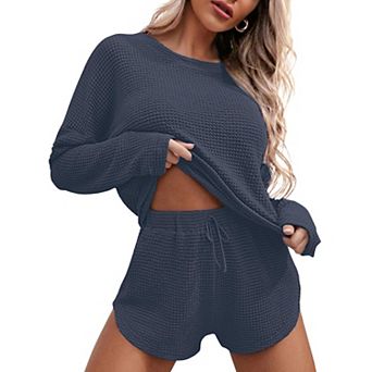 Women's Ekouaer Waffle Knit Long Sleeve Top & Shorts Pajama Set