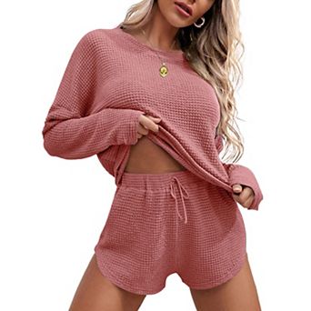 Ekouaer Womens Waffle Knit Pajama Sets Long Sleeve Top and Shorts Matching Lounge Set Sleepwear