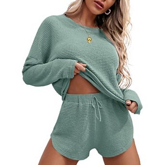 Women's Ekouaer Waffle Knit Long Sleeve Top & Shorts Pajama Set