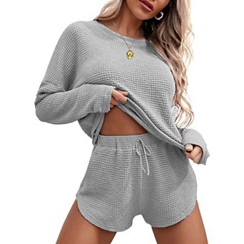 Ekouaer Womens Waffle Knit Pajama Sets Long Sleeve Top and Shorts Matching Lounge Set Sleepwear