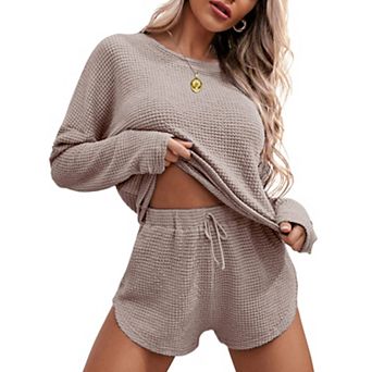 Ekouaer Womens Waffle Knit Pajama Sets Long Sleeve Top and Shorts Matching Lounge Set Sleepwear