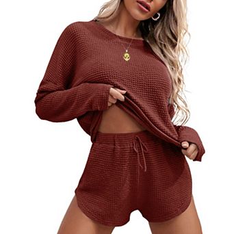 Women's Ekouaer Waffle Knit Long Sleeve Top & Shorts Pajama Set