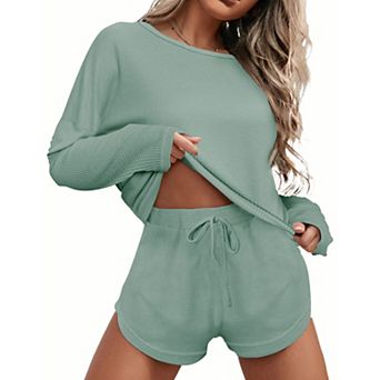 Ekouaer Womens Waffle Knit Pajama Sets Long Sleeve Top and Shorts Matching Lounge Set Sleepwear