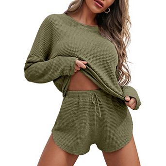 Women's Ekouaer Waffle Knit Long Sleeve Top & Shorts Pajama Set